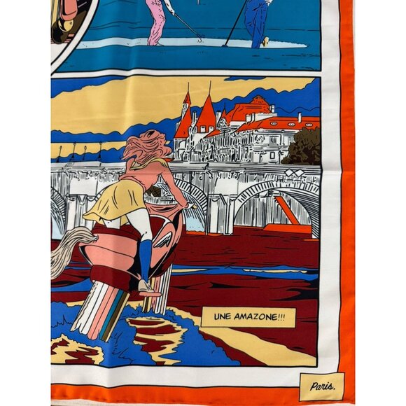 Vtg Comic Book Print Multicolor Silk Scarf Hand Rolled Edge NWOT 35x35 - Picture 4 of 10